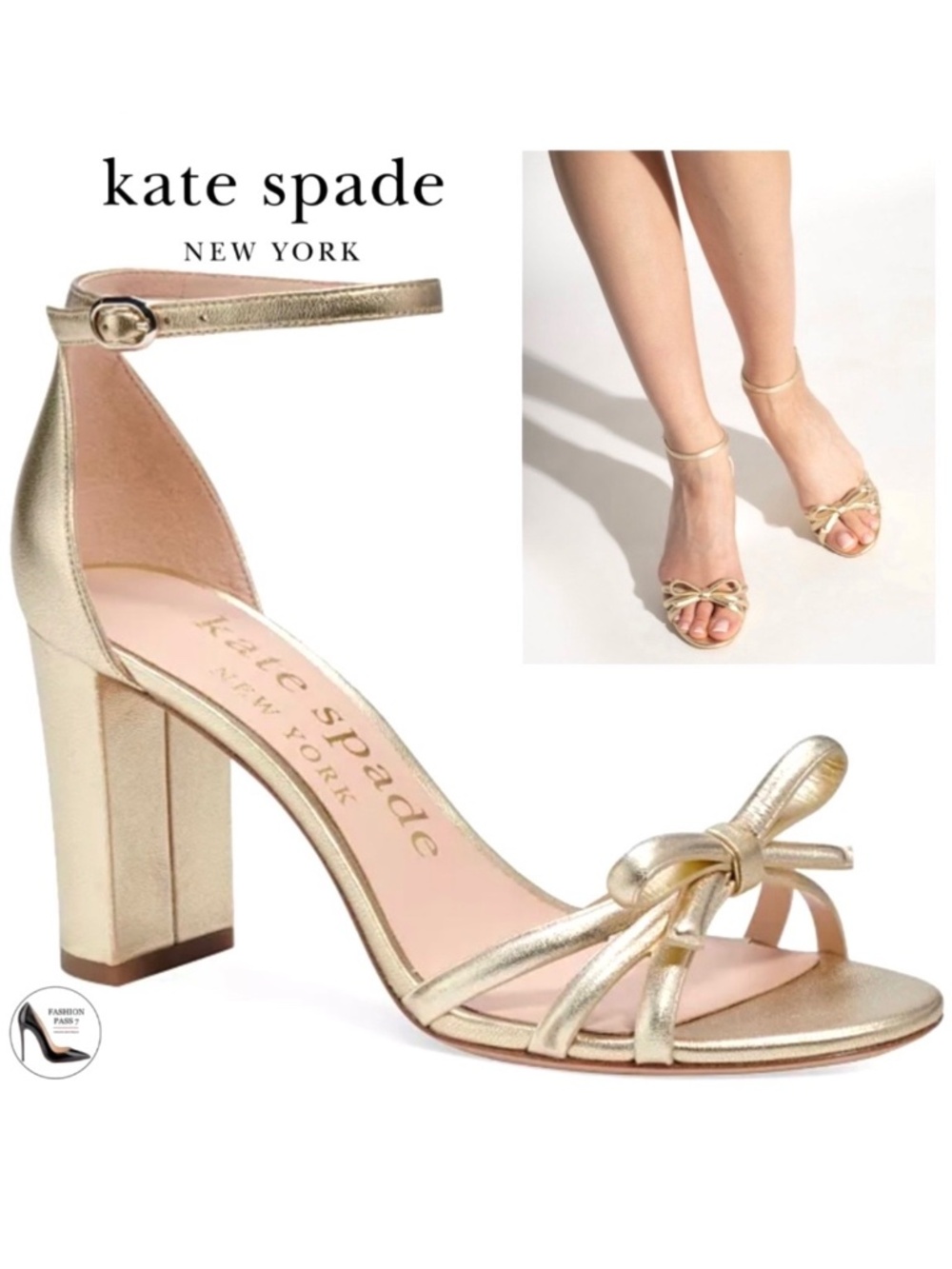 Kate Spade Flamenco Gold Leather Block High Heel Sandals Ankle Strap Heels 9.5